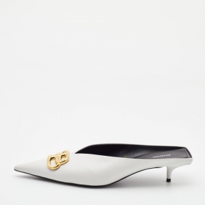 Balenciaga White Leather BB Knife Heel Mules Size 40