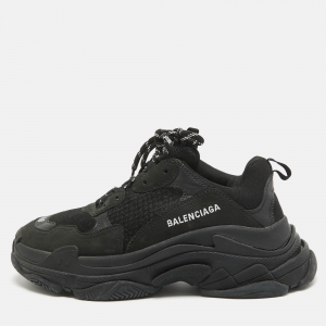 Balenciaga Black Leather and Mesh Triple S Sneakers Size 40