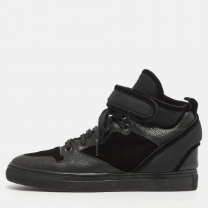 Balenciaga Black Velvet and Leather Velcro Strap High Top Sneakers Size 36
