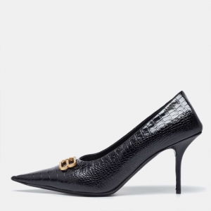 Balenciaga Black Croc Embossed Leather Knife Pointed Toe Pumps Size 40