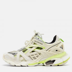 Balenciaga White/Neon Green Rubber and Mesh Track 2 Sneakers Size 36