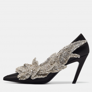 Pre Owned Balenciaga Black Satin Sequins Embellished Talon Slash Pumps Size 41