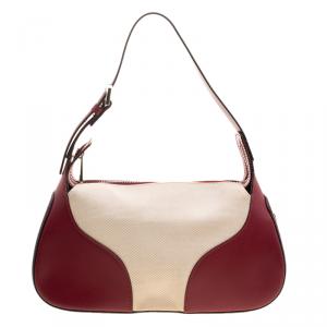 Bally Burgundy and Off-White Leather and Canvas Shoulder Bag