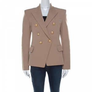 Pre Owned Balmain Beige Cotton Blend Gold Button Detail Double Breasted Blazer M