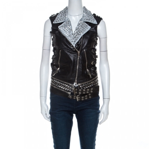 Pre Owned Balmain Black Leather Painted Collar & Studded Detail Gilet S 