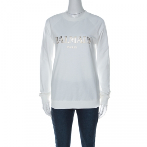Pre Owned Balmain Off White Cotton Gold Logo Detail Sweatshirt M