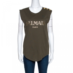 Pre Owned Balmain Khaki Green Logo Print Cotton Sleeveless T-Shirt M