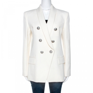Pre Owned Balmain Off White Wool Double Breasted Blazer M