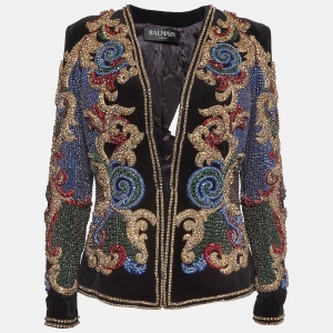 Pre Owned Balmain Black Crystal Embellished Velvet Jacket L