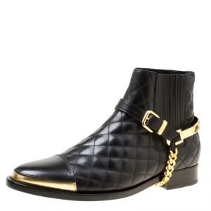 Balmain Black Quilted Leather Chain Embellished Ankle Boots Size 39