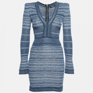 Balmain Blue Stretch Tweed Mini Bodycon Dress S
