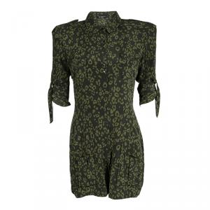 Balmain Olive Green Printed Silk Power Shoulder Shirt Dress M
