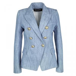 Pre Owned Balmain Blue Button Logo Detail Double Breasted Blazer M