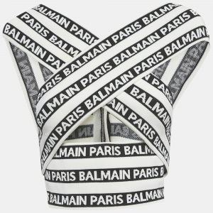 Pre Owned Balmain White Logo All Over Knit Crossover Banded Top S