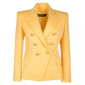 Pre Owned Balmain Yellow Textured Double Breasted Blazer M