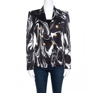 Pre Owned Balmain Black Marble Printed Satin Double Breasted Blazer S