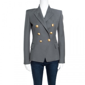 Pre Owned Balmain Grey Wool Logo Button Detail Double Breasted Blazer S