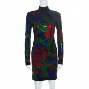 Pre Owned Balmain Multicolored Hot Tropical Crystal Embellished Sheath Dress M