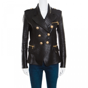 Pre Owned Balmain Black Embossed Crocodile Effect Lamb Leather Jacket M