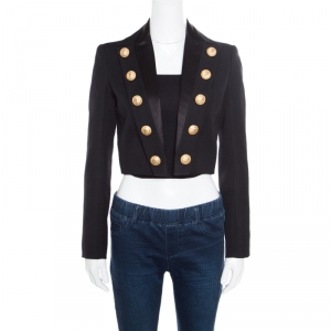 Pre Owned Balmain Black Wool Front Open Cropped Blazer S