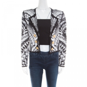 Pre Owned Balmain Monochrome Folkloric Patterned Jacquard Open Front Cropped Blazer L