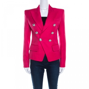 Pre Owned Balmain Hot Pink Basketweave Textured Double Breasted Blazer S