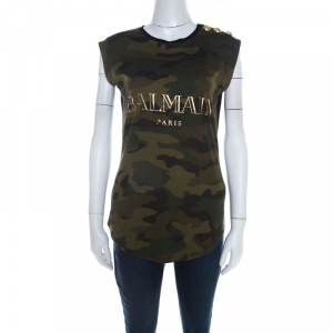 Pre Owned Balmain Khaki Green Camouflage Print Cotton Sleeveless Top M