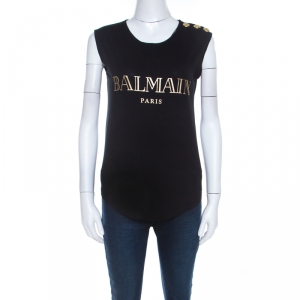 Pre Owned Balmain Black Cotton Shoulder Logo Button Detail Sleeveless T-Shirt S 