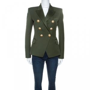 Pre Owned Balmain Army Green Wool Double-Breasted Blazer M