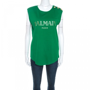Balmain Green Cotton Shoulder Logo Button Detail Sleeveless T-Shirt M