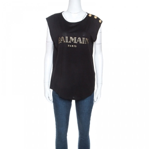 Balmain Black Cotton Shoulder Logo Button Detail Sleeveless T-Shirt M