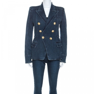 Pre Owned Balmain Blue Denim Double Breasted Blazer M