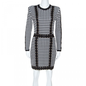 Balmain Monochrome Checkered Knot Lace Up Detail Short Dress M