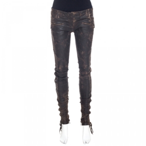Balmain Brown Distressed Leather Side Lace Up Pants S