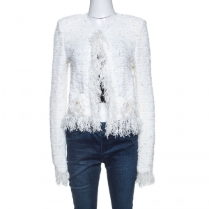 Balmain White Tweed Fringed Detail Jacket M