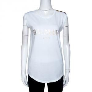 Pre Owned Balmain White Cotton Shoulder Logo Button Detail Sleeveless T-Shirt S