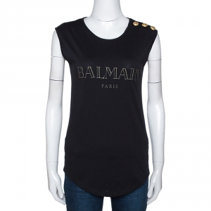 Pre Owned Balmain Black Cotton Shoulder Logo Button Detail Sleeveless T-Shirt S
