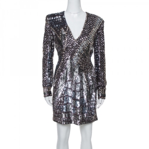 Pre Owned Balmain Silver Sequin & Stud Embellished Mini Dress M
