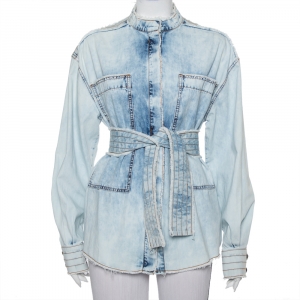 Pre Owned Balmain Blue Washed Out Effect Denim Frayed Detail Belted Lightweight Jacket M