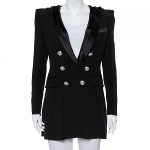 Pre Owned Balmain Black Crepe Double Breasted Hooded Mini Dress M