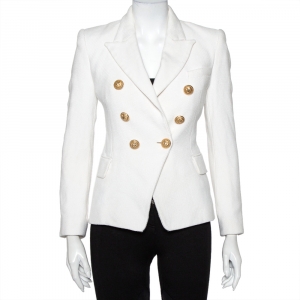 Pre Owned Balmain White Tweed Double Breasted Blazer S