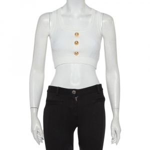 Balmain White Rib Knit Button Embellished Sleeveless Crop Top S