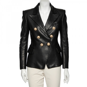 Pre Owned Balmain Black Leather Double Breasted Blazer M
