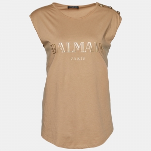 Balmain Dark Beige Logo Print Cotton Button Detail Tank Top M