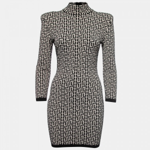 Pre Owned Balmain Monochrome Patterned Jacquard Wool Short Dress M