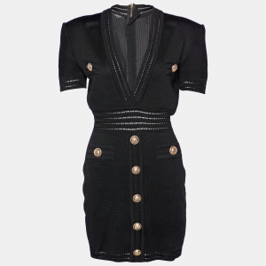 Balmain Black Pique Knit V-Neck Bodycon Dress M