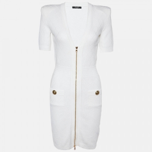 Balmain White Jacquard Knit Zip Front Short Dress S