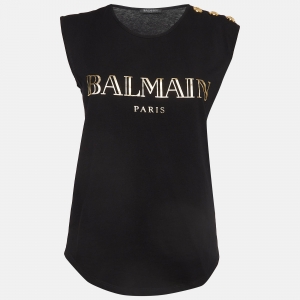Balmain Black Logo Print Cotton Knit Button Detail Sleeveless T-Shirt S