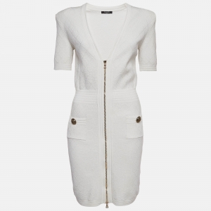 Balmain White Patterned Knit Zip Front Short Dress M