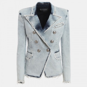 Pre Owned Balmain Blue Distressed Denim Buttoned Double Breasted Jacket L